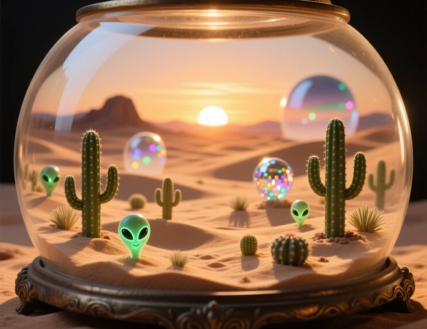 Miniature desert terrarium glowing under a surreal sunset