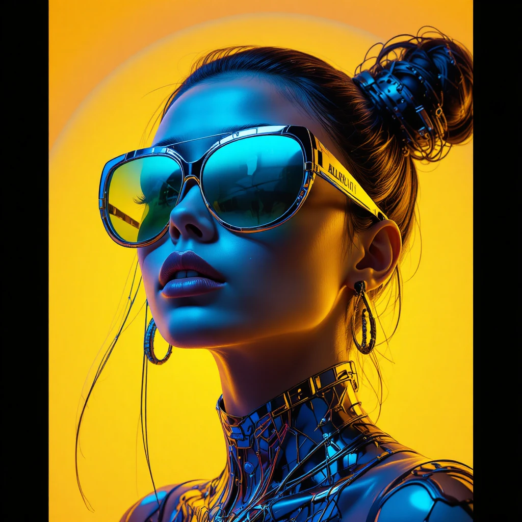 Futuristic woman in sunglasses on bright yellow background