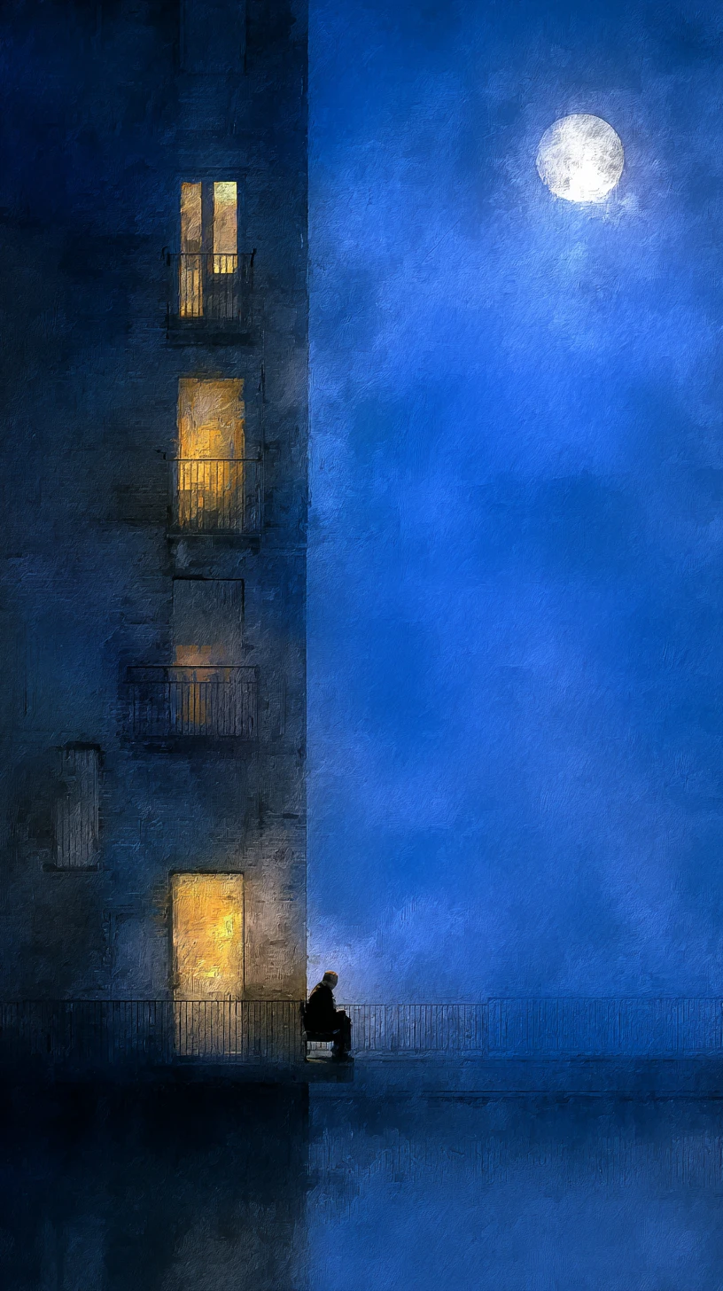 Noche urbana surreal con un hombre solitario junto al agua
