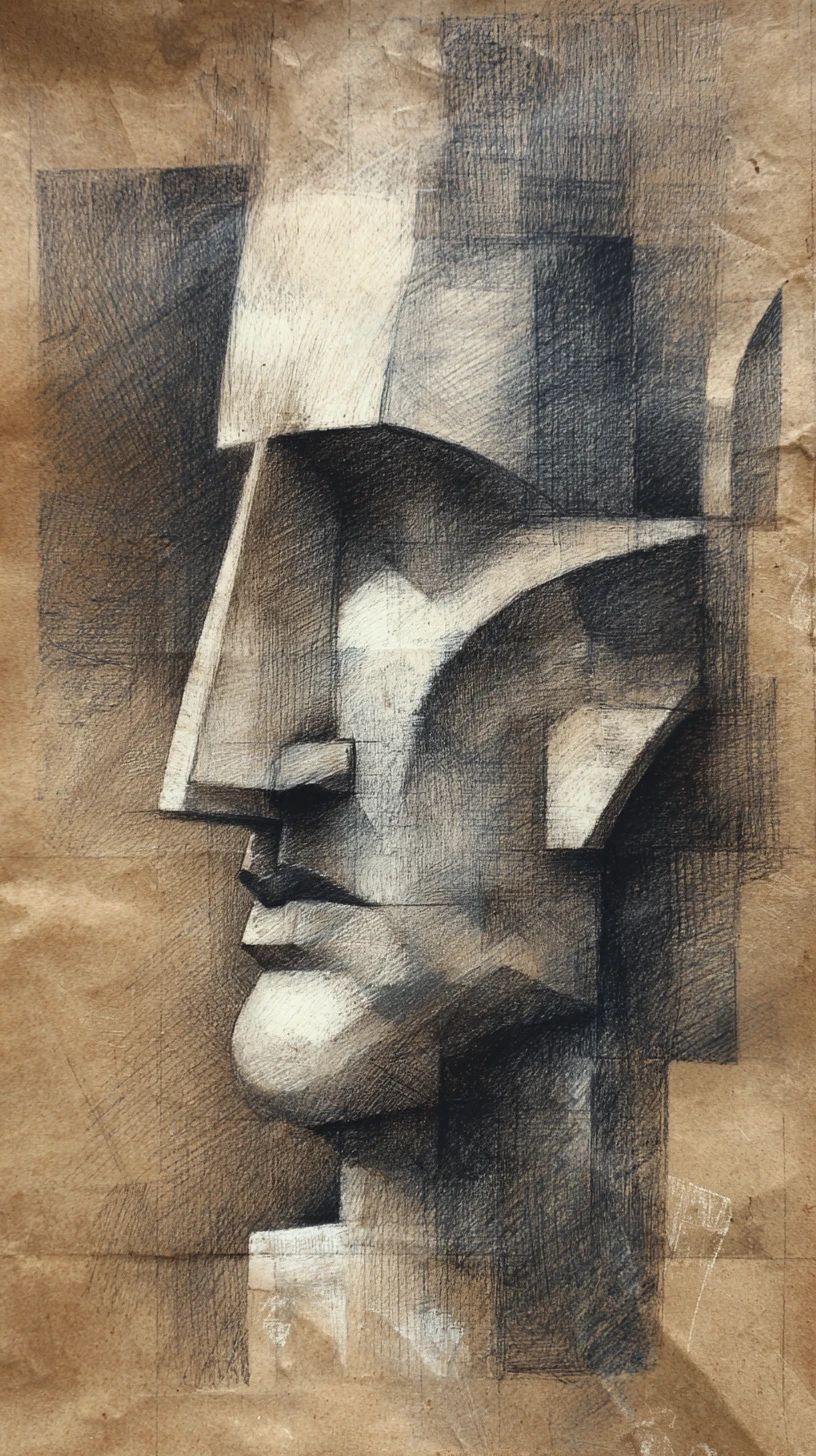 Cubist graphite profile portrait on aged textured paper