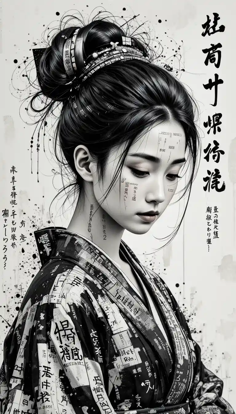 Mujer asiática contemplativa en kimono con caligrafía en capas