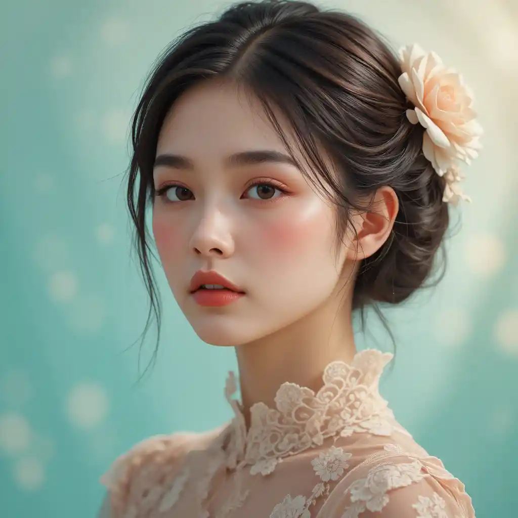 Dreamy close up portrait of a girl in lace blouse