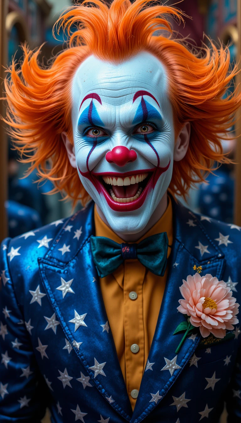 Menacing clown grinning in a funhouse mirror room
