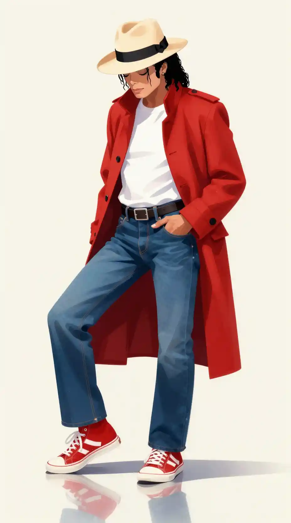 Uomo elegante in cappotto rosso riflesso sul pavimento lucido dello studio