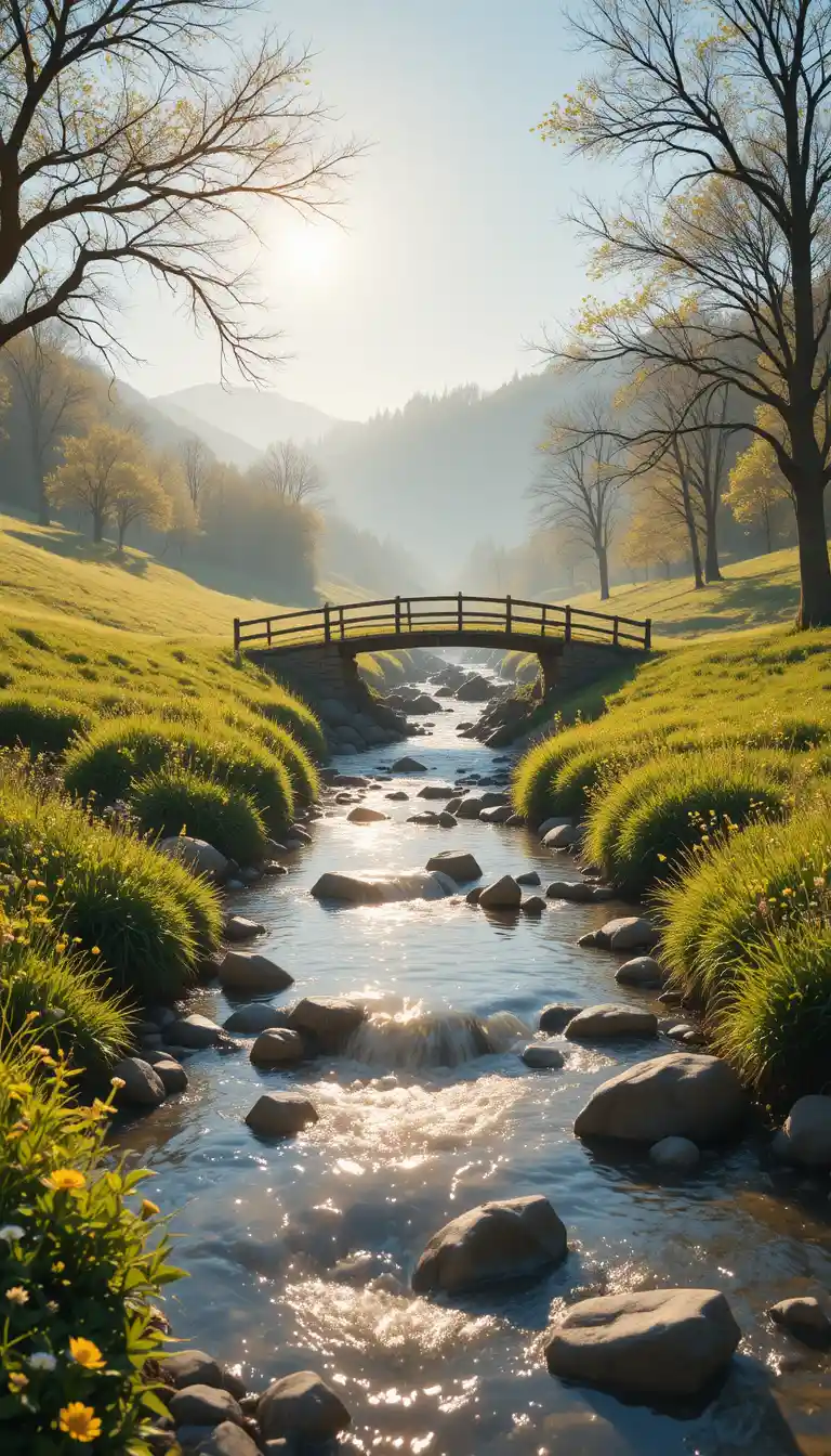 Peaceful riverside with wooden bridge in morning sunlight