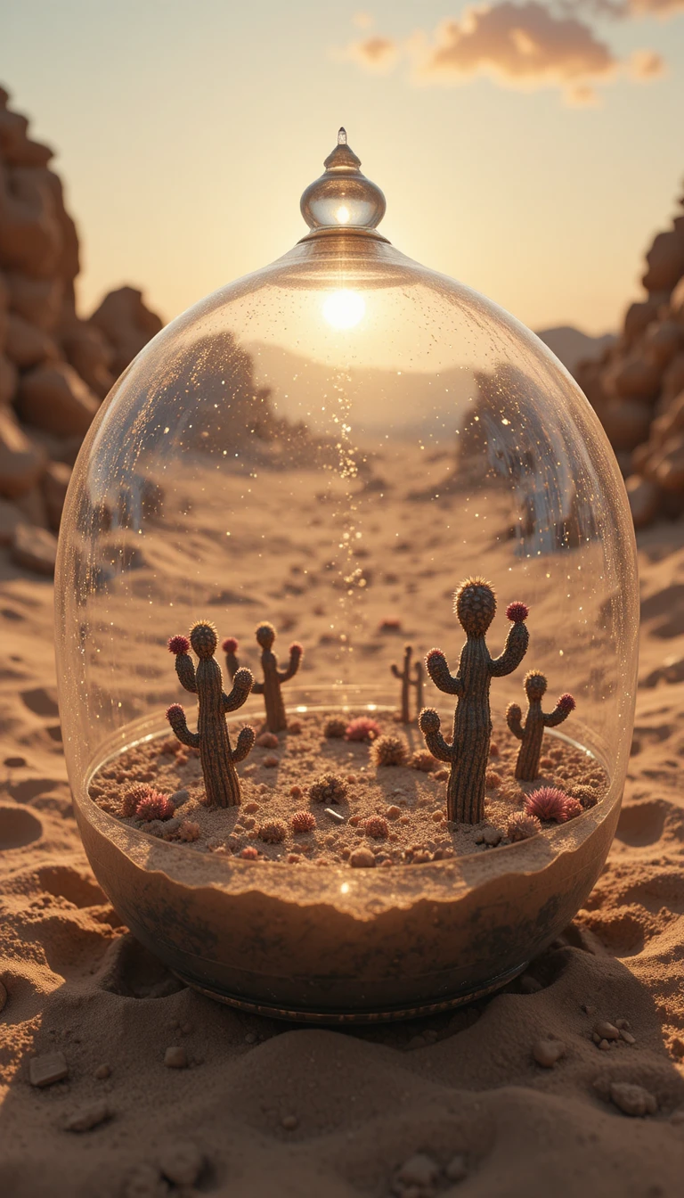 Miniatur-Wüstenwelt in einem staubigen antiken Terrarium