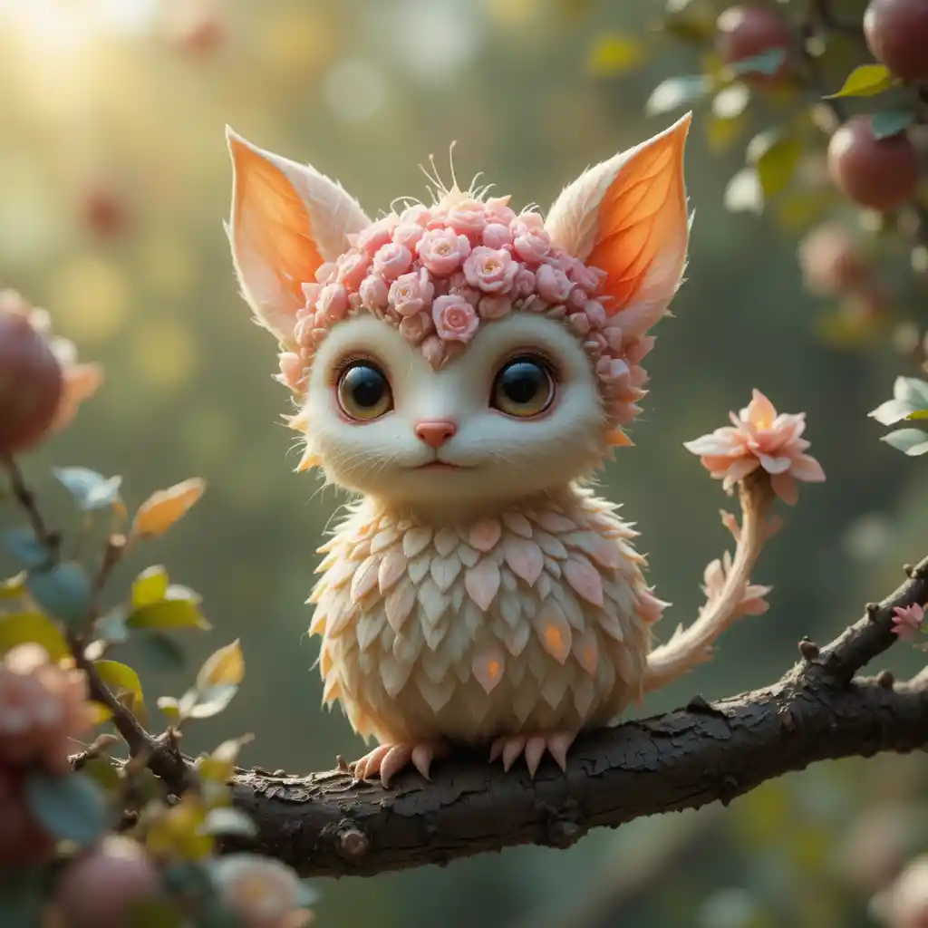 Whimsical Leaf Fur Creature In A Glowing Enchanted Orchard
