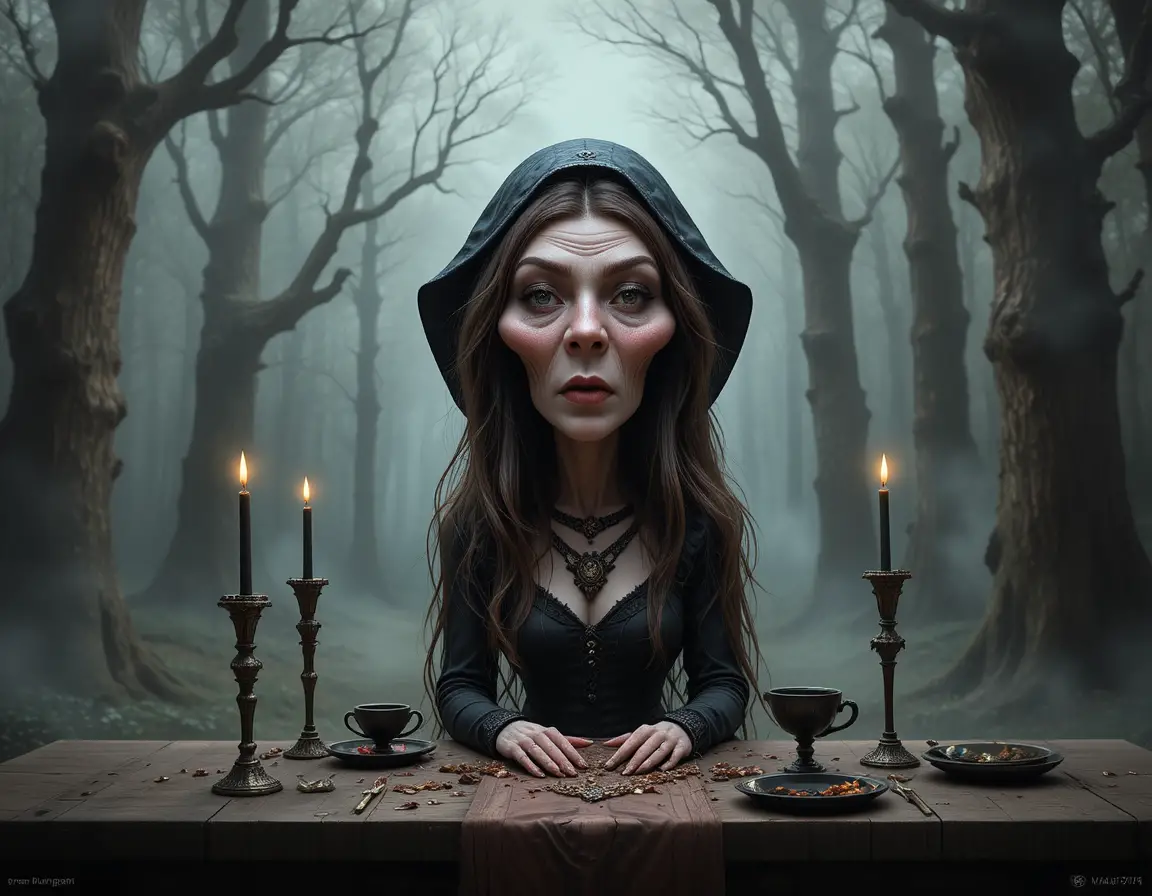 Gothic woman in a dark forest with candles and skull