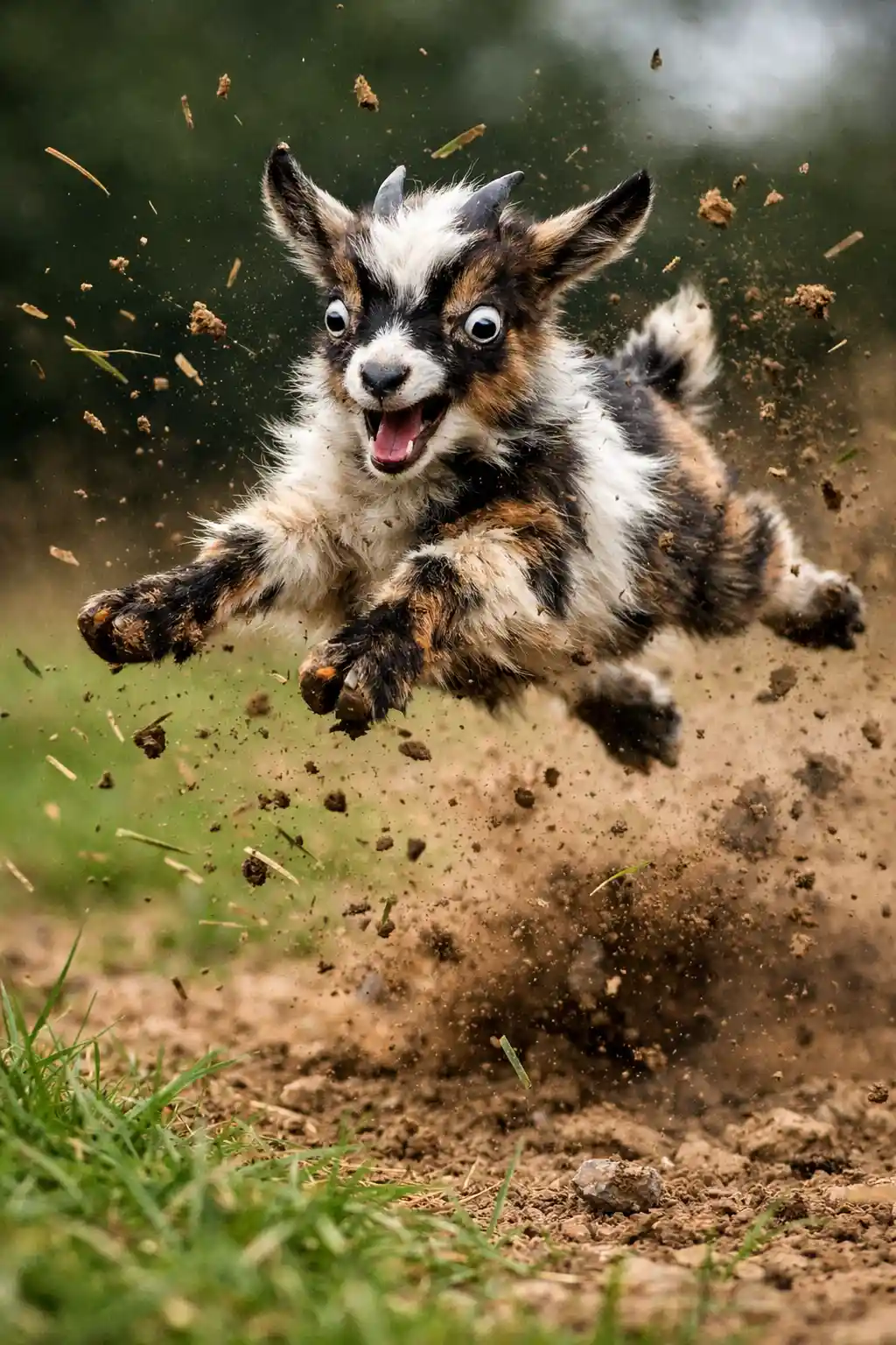 Baby goat leaping mid air with wild excited eyes