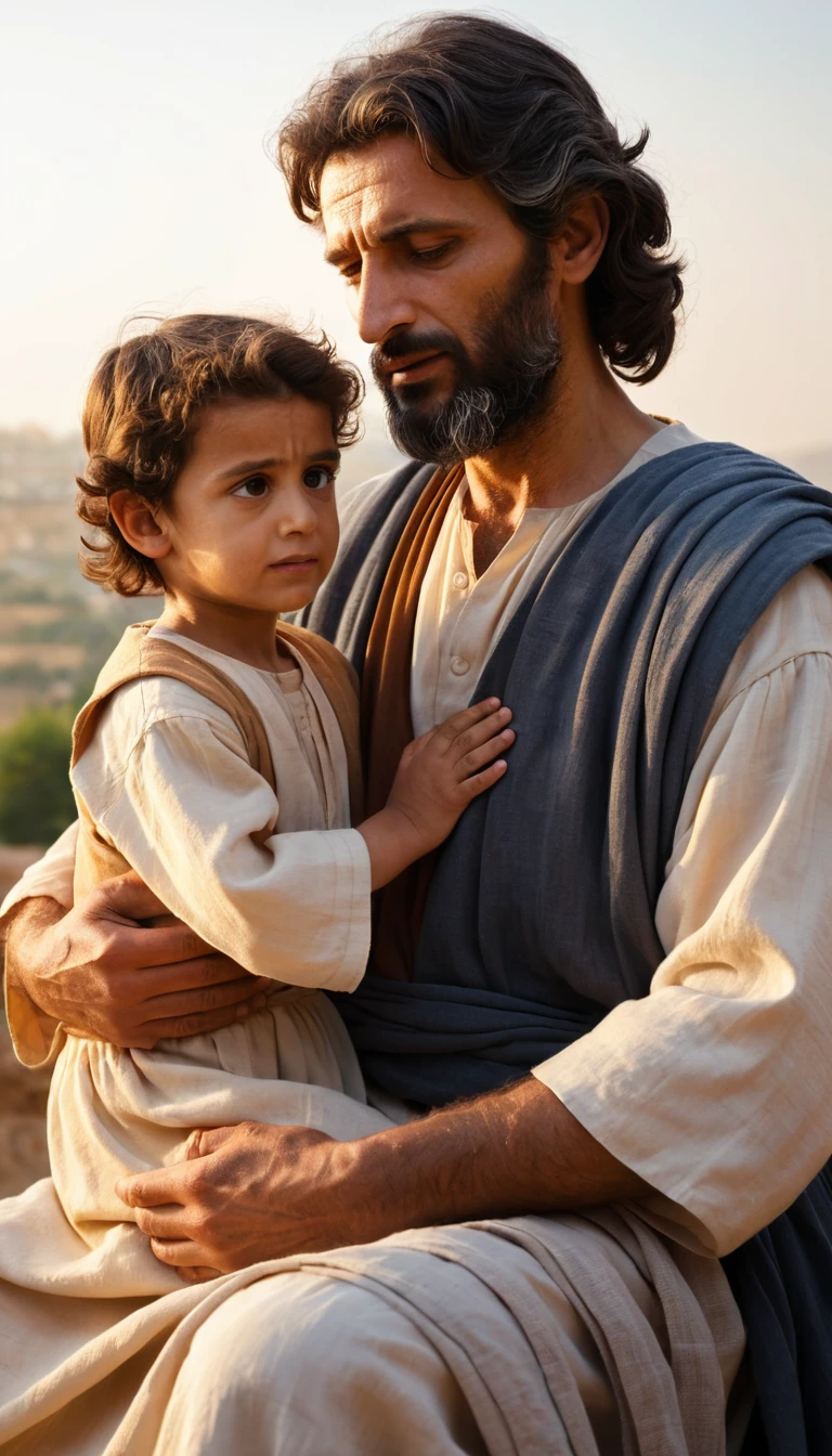 Tender moment of Joseph kneeling with young child Jesus
