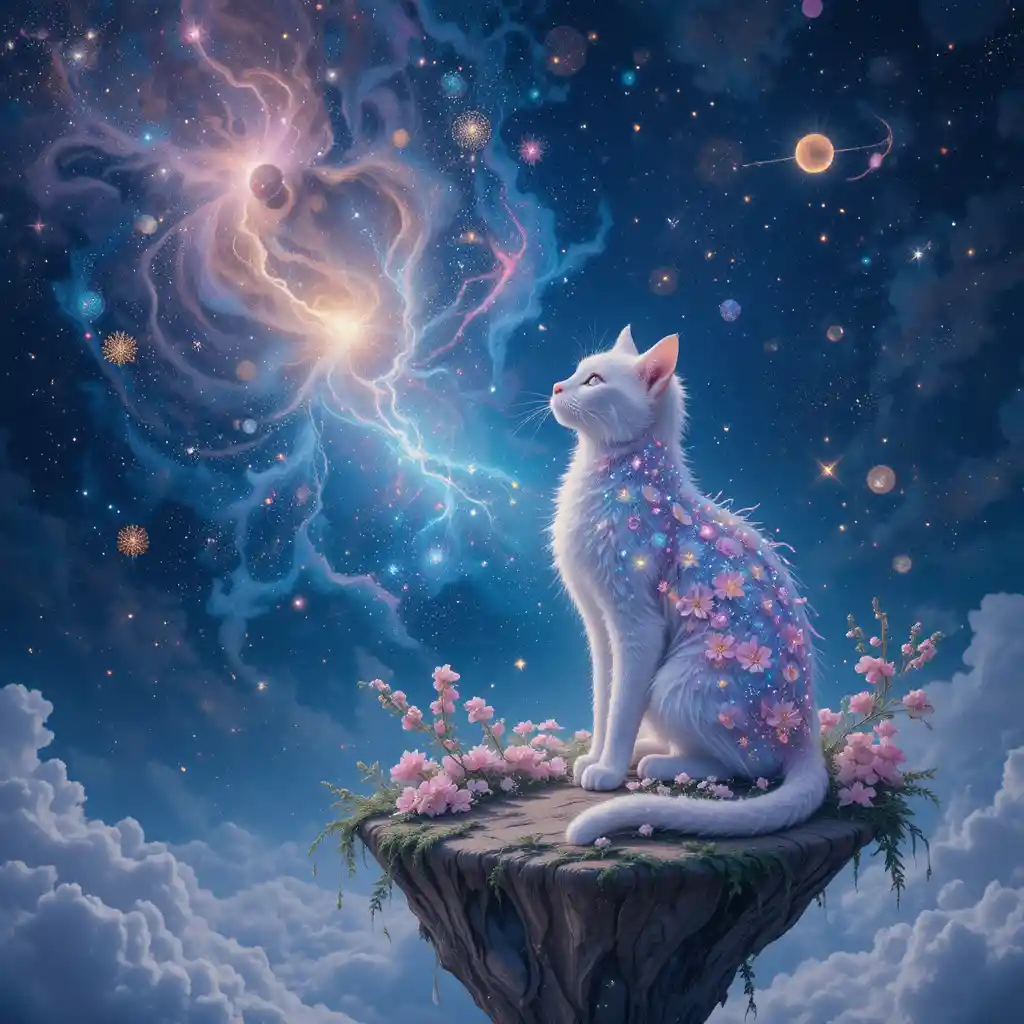 宇宙中發光漂浮島上的天體貓咪