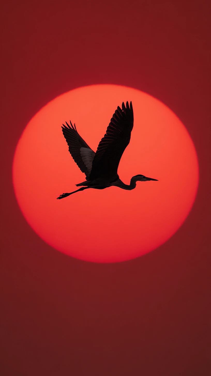Heron silhouette flying across a large crimson sun