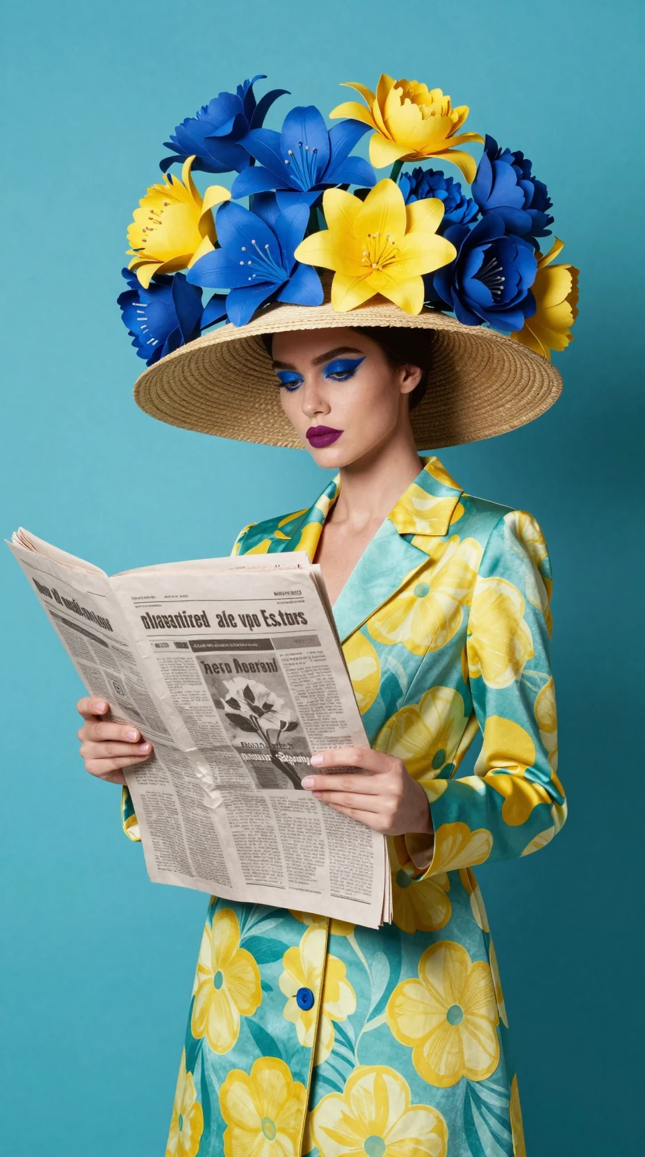Retrato de moda surreal com chapéu floral e flor de papel
