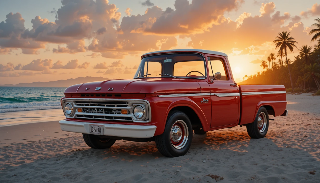 Pickup vintage rosso e bianco sulla spiaggia al tramonto