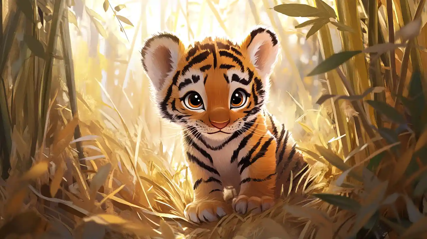 Filhote de tigre fofo na grama dourada em cena de floresta em aquarela