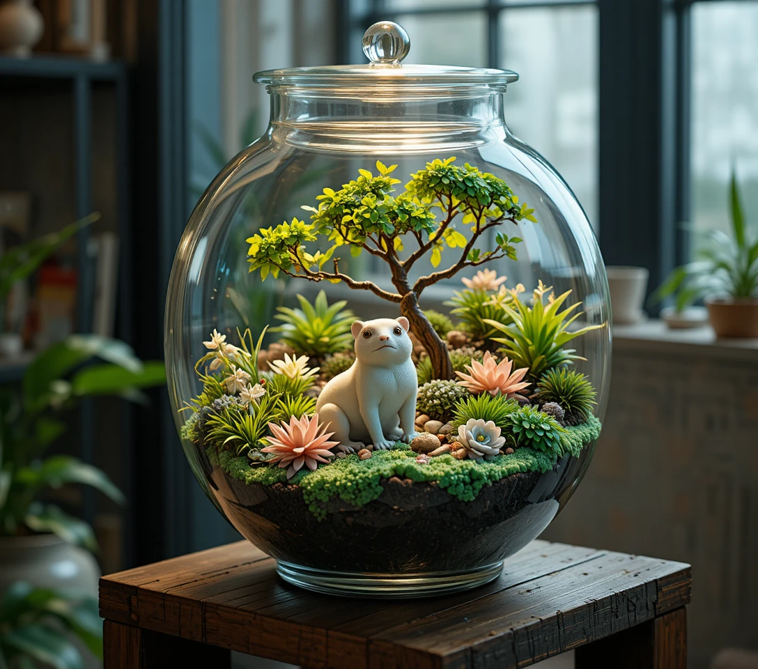 Miniatur-Terrariengarten in einer klaren Glasflasche
