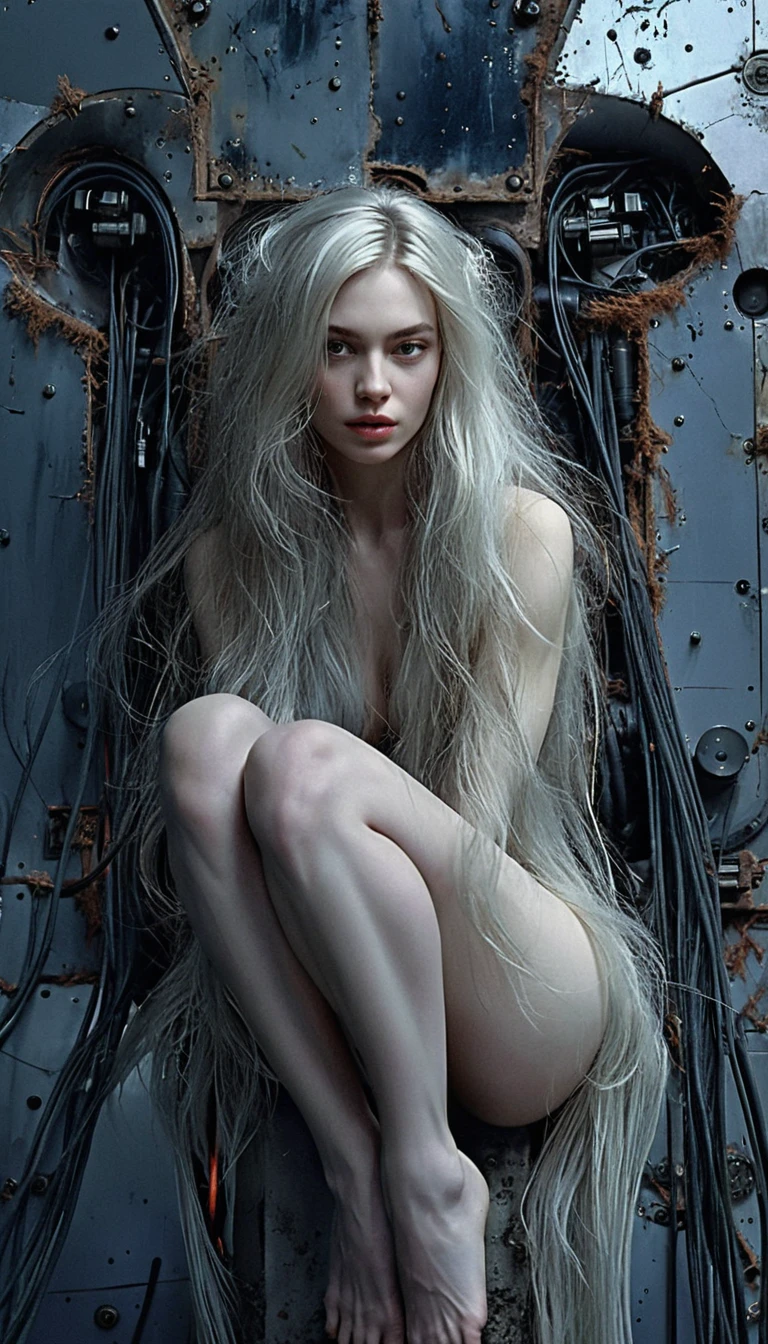 Cinematic sci fi angel woman in weathered industrial armor
