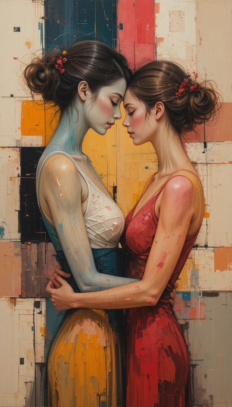 Amantes abstractos en abrazo dentro de arte moderno geométrico y vibrante