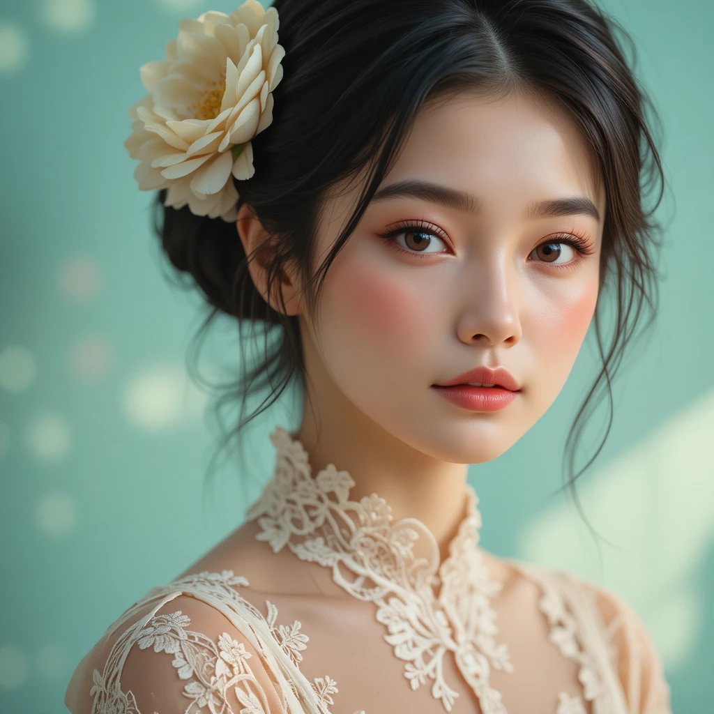 Soft portrait of a young woman in floral lace blouse