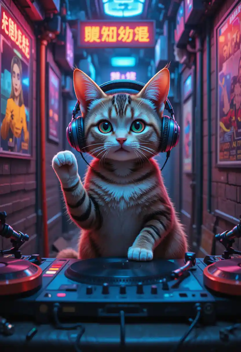 Gatto tigrato DJ in un vicolo al neon illustrazione anime