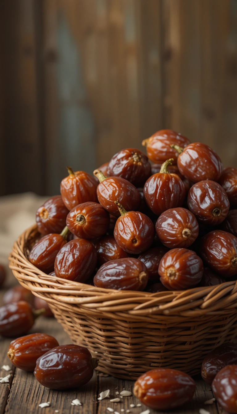 Rustic basket of dates glowing in warm golden light