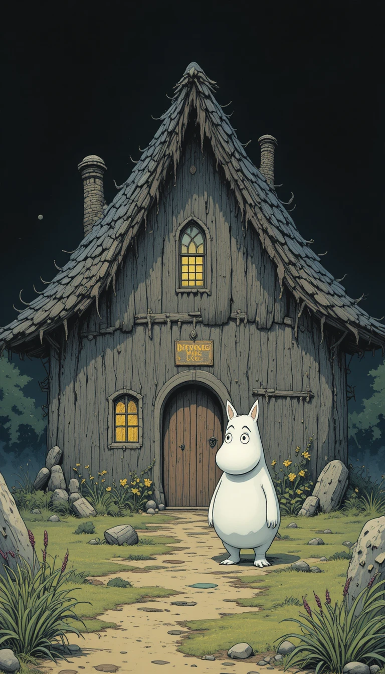 Creatura dark fantasy davanti a una alta casa fiabesca