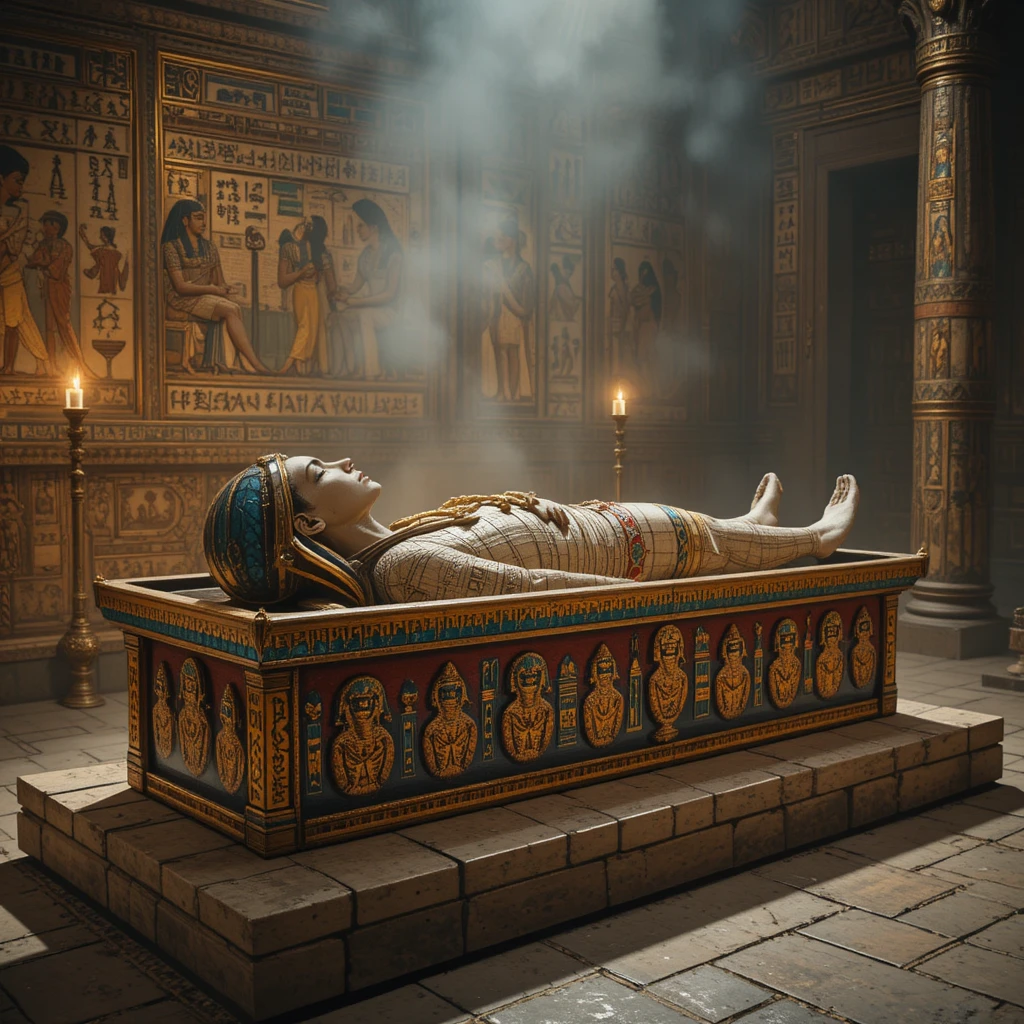 Regina egizia mummificata che riposa in una tomba di pietra decorata