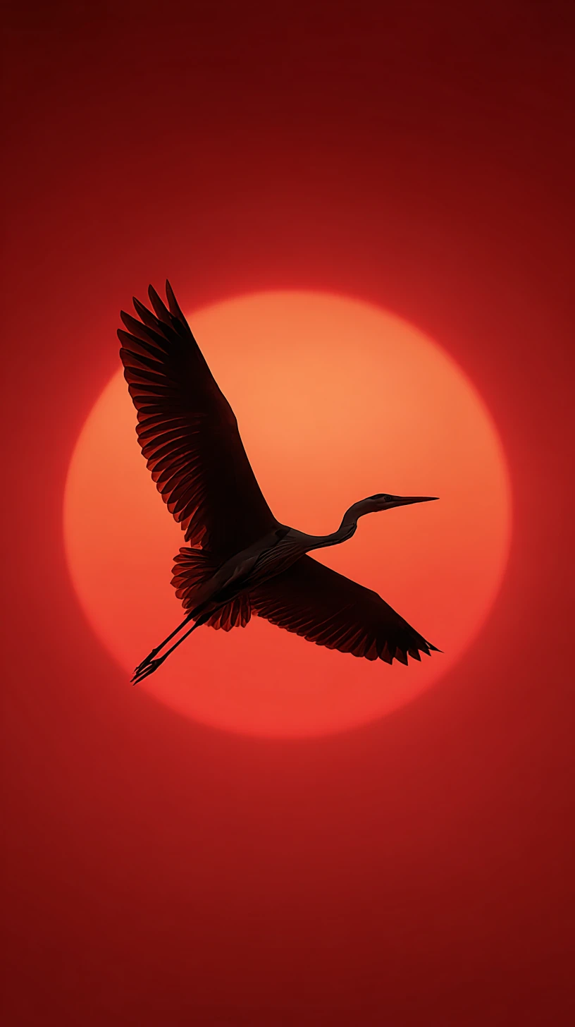 燃える深紅の太陽の前を飛ぶシルエットのサギ