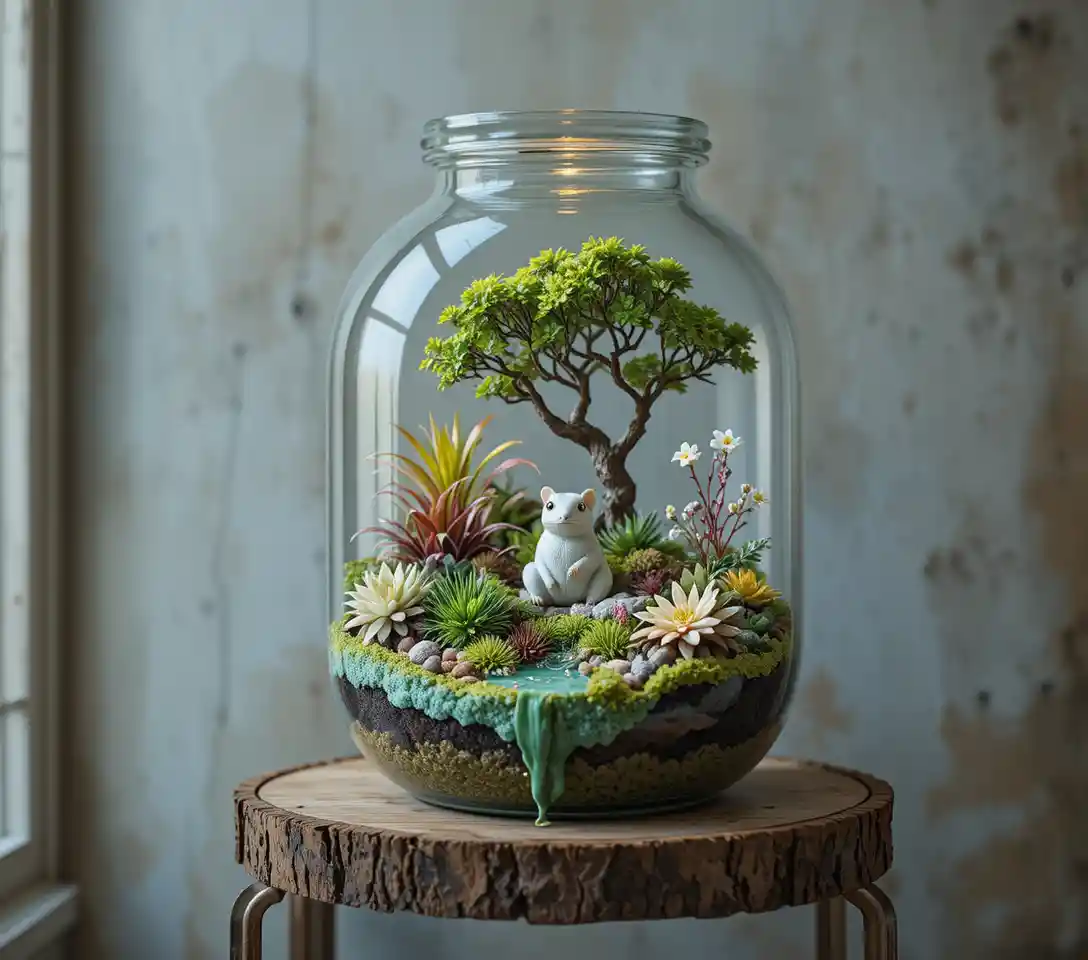 Giardino di terrario in miniatura dentro una bottiglia di vetro trasparente