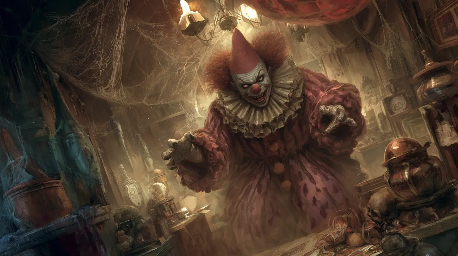 Böser Clown, der in einer von Spinnweben erfüllten Zimmerecke des Spukhauses lauert