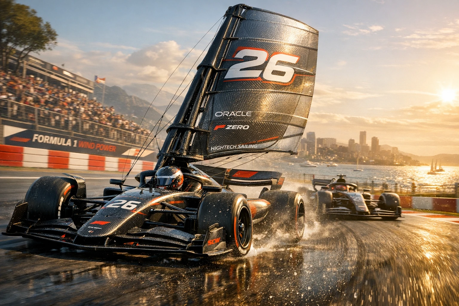 Futuristic formula race car with carbon sail on track