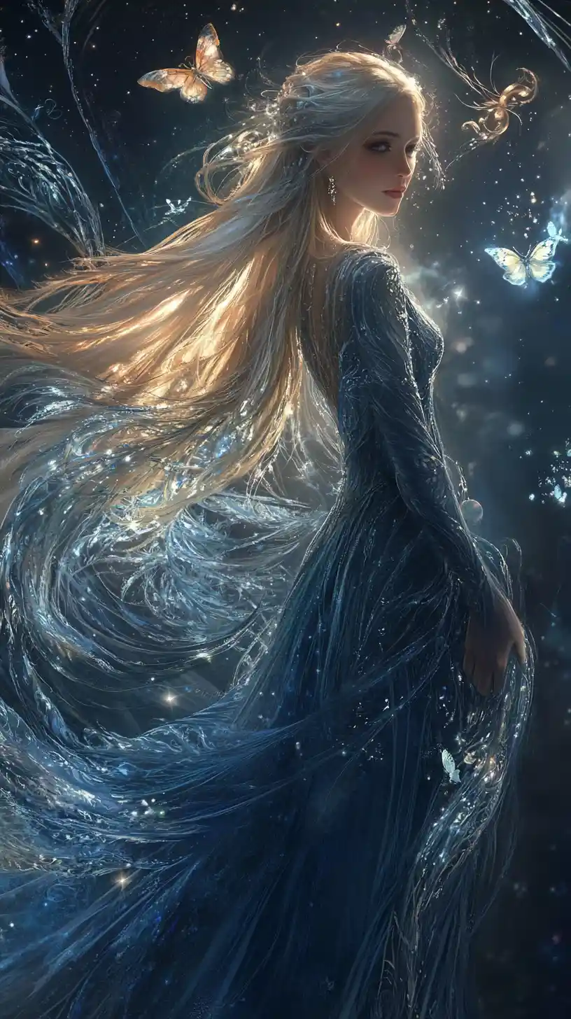 Blond woman in dark blue dress under a magical cosmos
