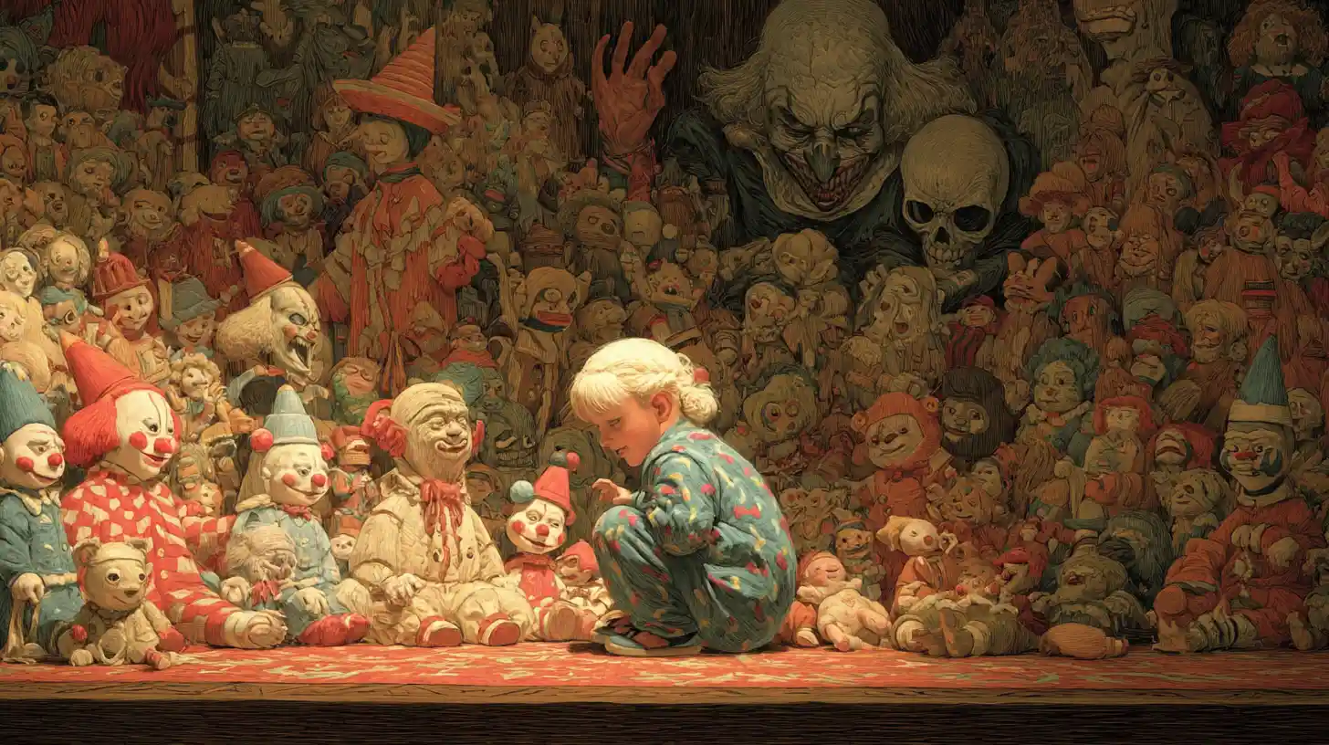 Bambino piccolo che gioca tra bambole di clown in una stanza
