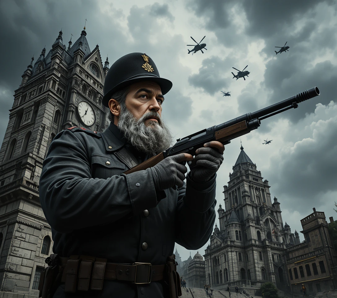 Bearded soldier with rifle before ancient ziggurat ruins