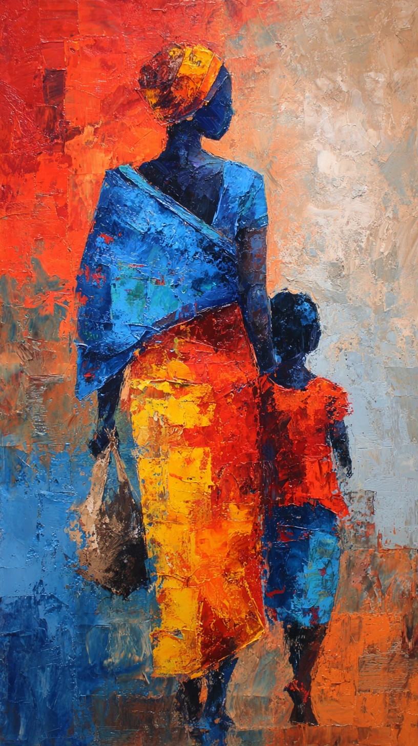 Mujer fuerte de inspiración africana cargando a un niño en movimiento