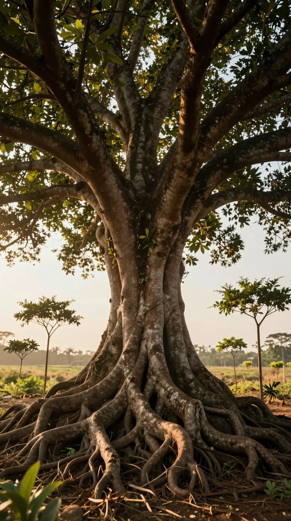 Árbol majestuoso con raíces profundas al amanecer rodeado de retoños