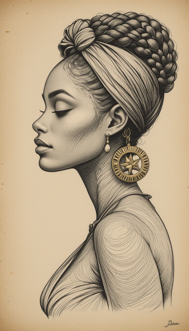 Sepia pencil profile portrait of a serene young woman