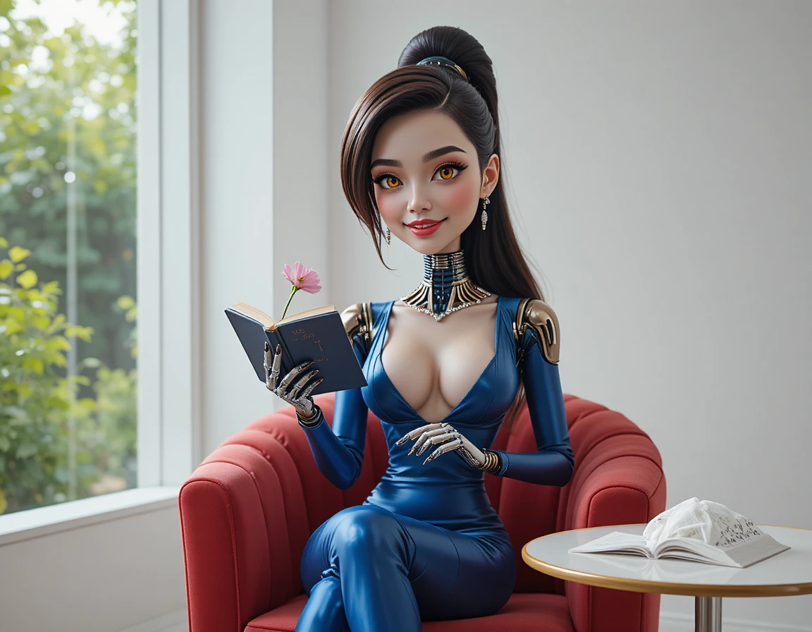 Humanoid robot reading a book in a minimalist chair