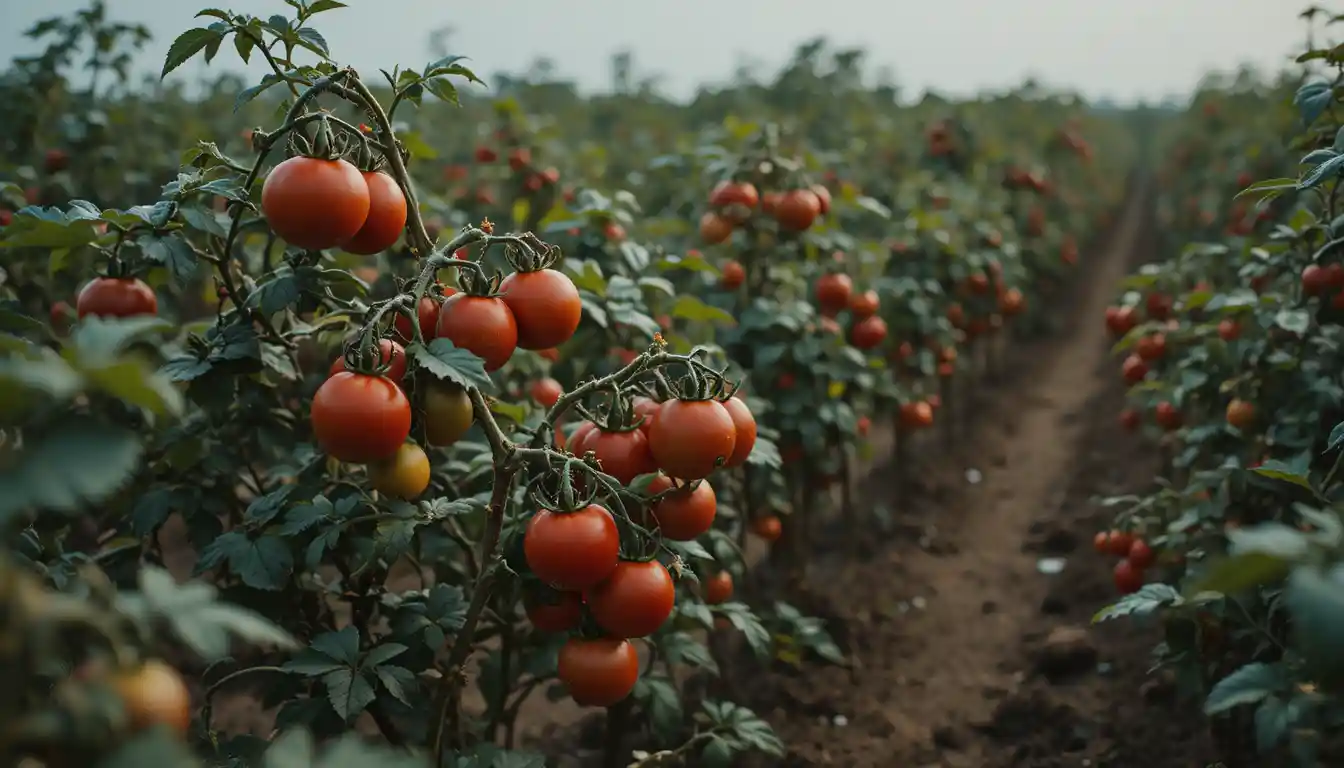 Dunkle Tomatensträucher füllen ein weites Bauernfeld im Hintergrund
