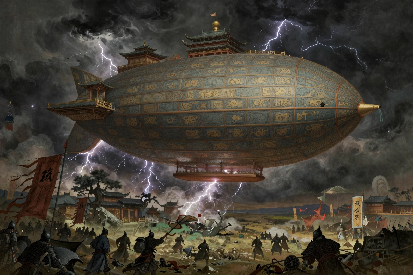 Colossale aeronave fantasy sopra un antico campo di battaglia sferzato dalla tempesta