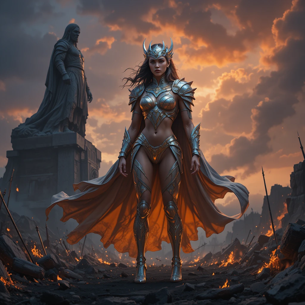 Warrior queen in celestial armor on a scorched battlefield