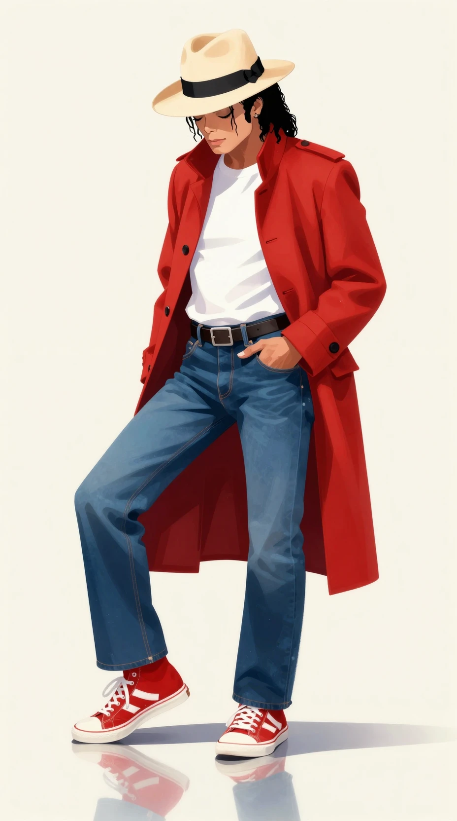 Stylish man in red coat mirrored on glossy studio floor