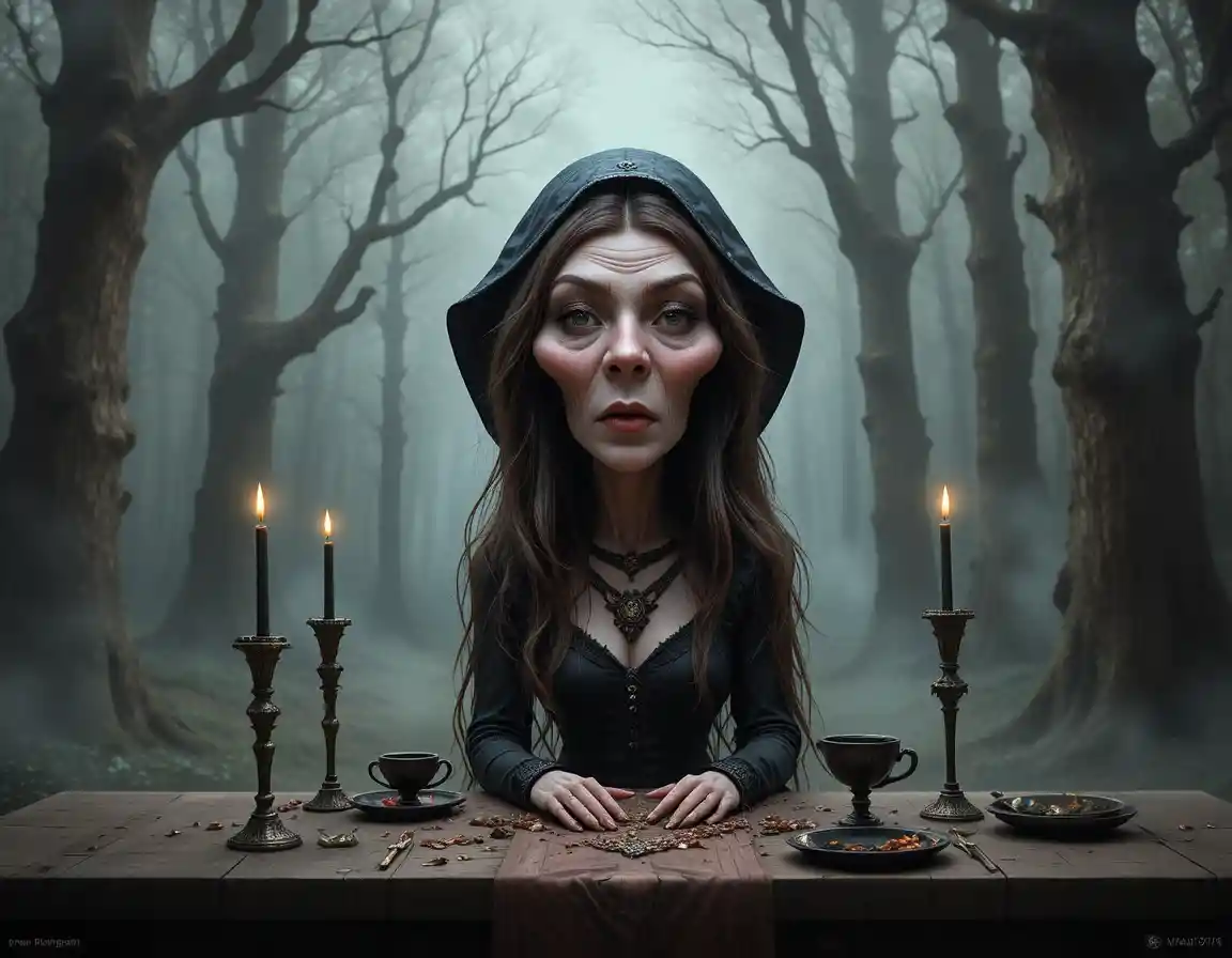 Gothic-Frau in einem dunklen Wald mit Kerzen und Schädel