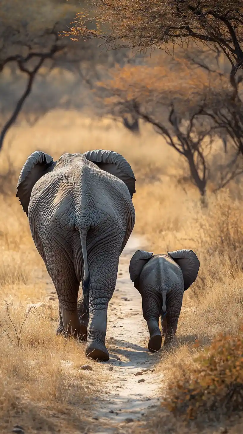 Adult elephant walking with calf on dry savanna path