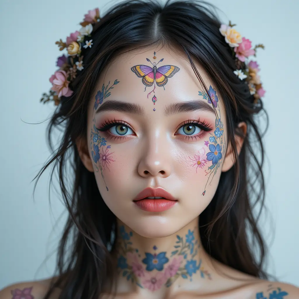 Ethereal portrait of a tattooed woman with blue green eyes