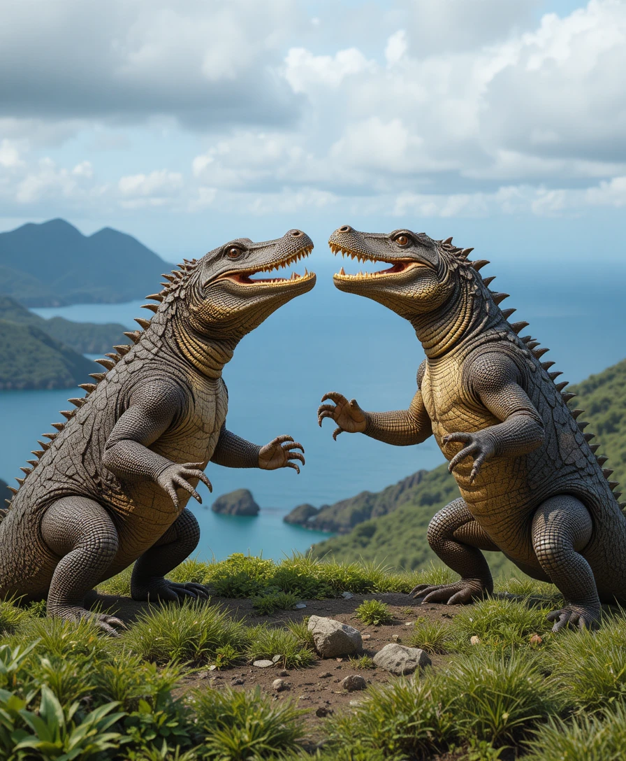 Dos dragones de Komodo luchando en una colina costera cubierta de hierba