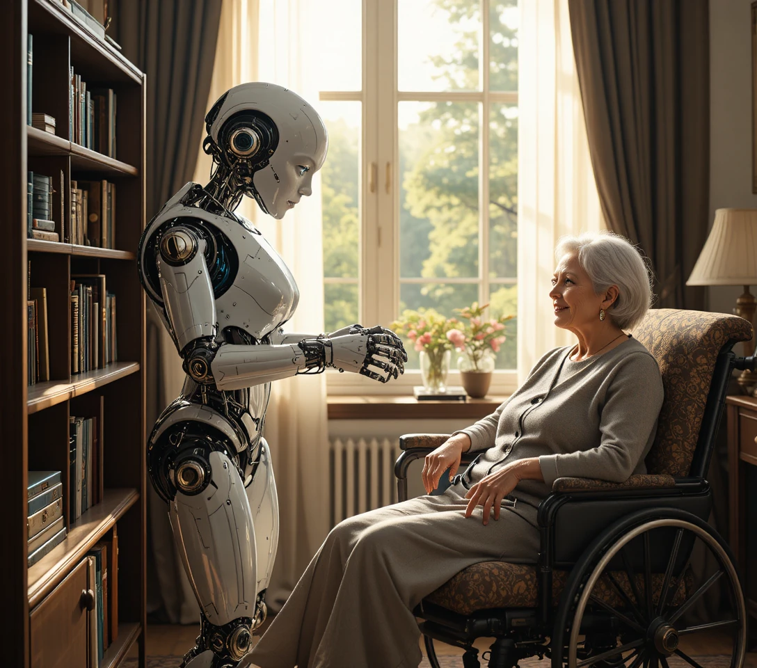 Elegante robot femminile che spolvera un accogliente soggiorno illuminato dal sole