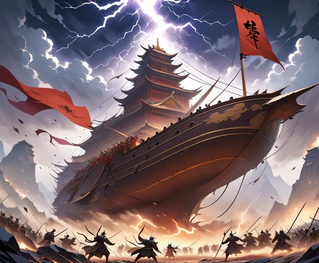 Colosal dirigible chino luchando contra una tormenta sobre el campo de batalla