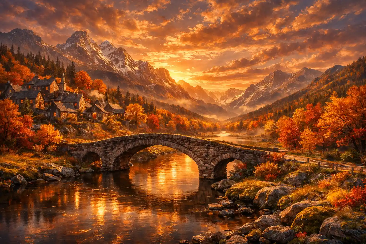Cinematic Autumn Valley River At Sunset With Mountain View