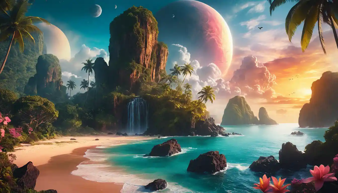 Cinematic tropical coastline at sunset on an alien world